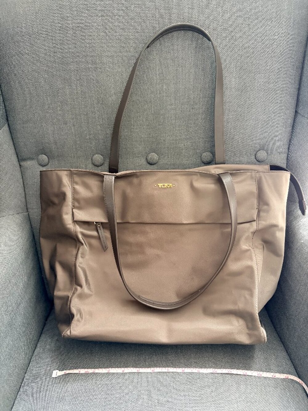 Tumi Tote Bag Taupe Nylon Brown Leather Trim Gold Hardware Laptop